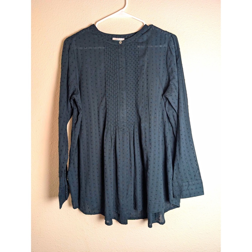 J Jill Womens Small Green Swiss Dot Pintuck Tunic Blouse Long Sleeve Boho